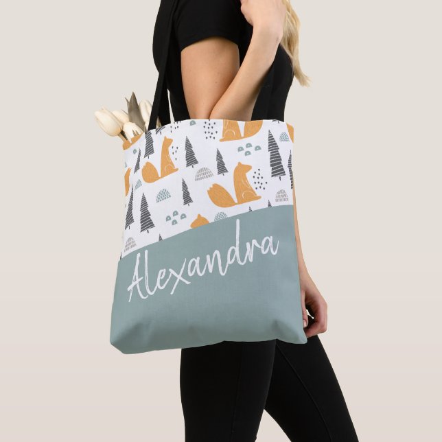 Cute Squirrel Pattern Green Personalised Tote Bag (Close Up)