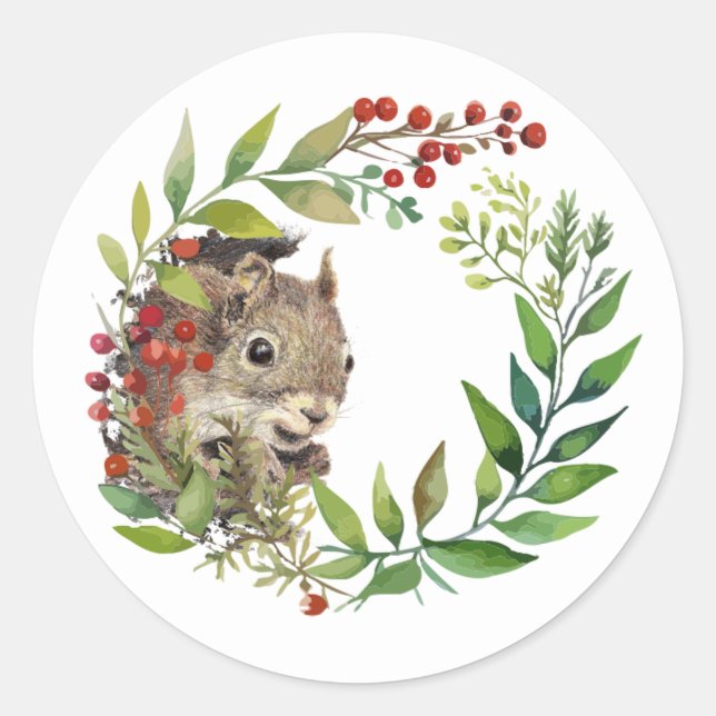 Cute Squirrel Peeking out Holly Wreath Classic Round Sticker (Front)