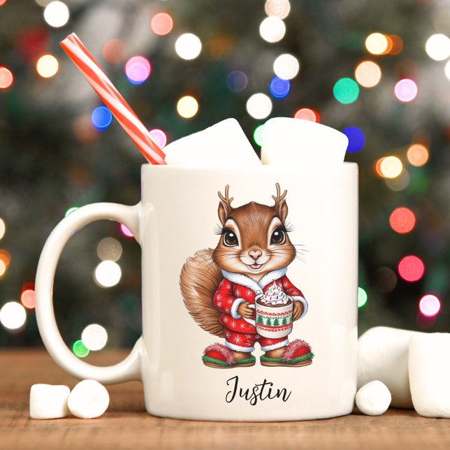Cute Squirrel Personalised Christmas Kids Mug (Squirrel reindeer Christmas cocoa mug. )