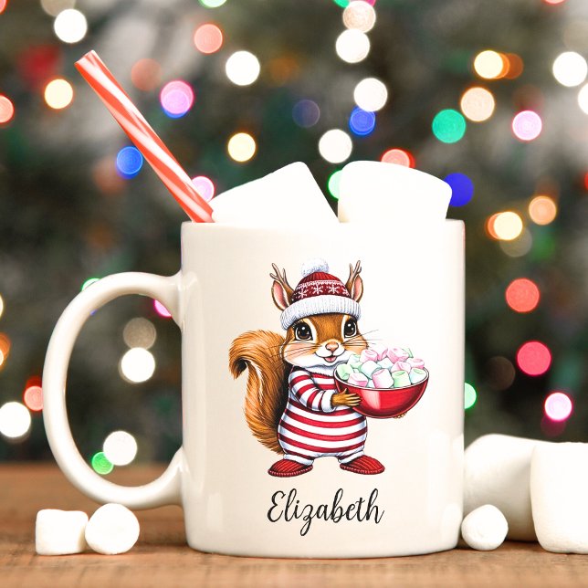 Cute Squirrel Personalised Christmas Mug  (Reindeer squirrel personalized Christmas mug.)
