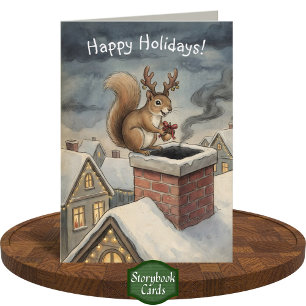 Cute Squirrel Playing Santa Drawing Christmas Card