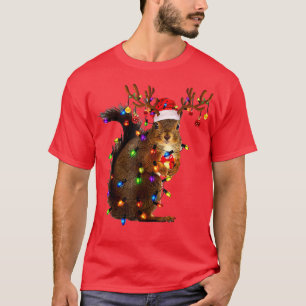 Cute Squirrel Santa Hat Christmas Lights Happy Hol T-Shirt
