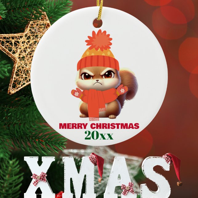 Cute Squirrel Santa Hat Merry Christmas,Custom Glass Tree Decoration (Creator Uploaded)