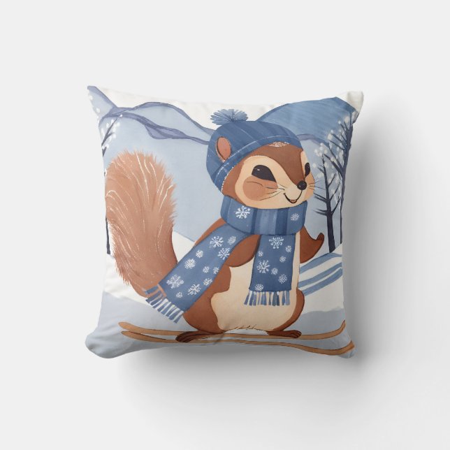 Cute Squirrel Skiing Christmas Winter Holiday Cushion (Front)
