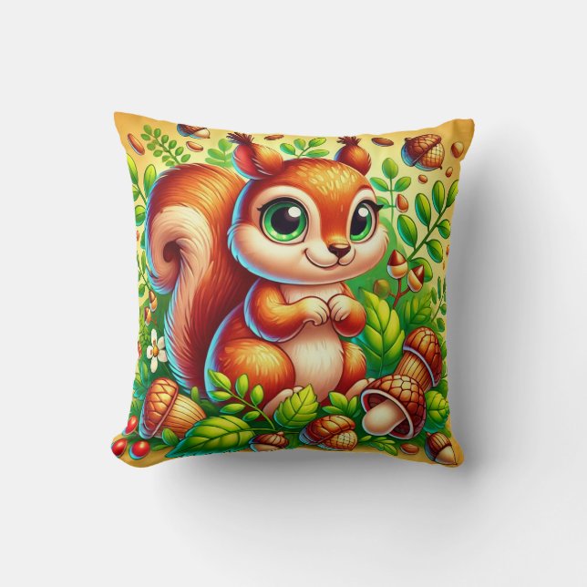 Cute Squirrel Surrounded by Vibrant Forest Leaves Cushion (Front)
