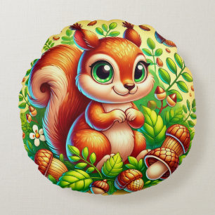 Cute Squirrel Surrounded by Vibrant Forest Leaves Round Cushion