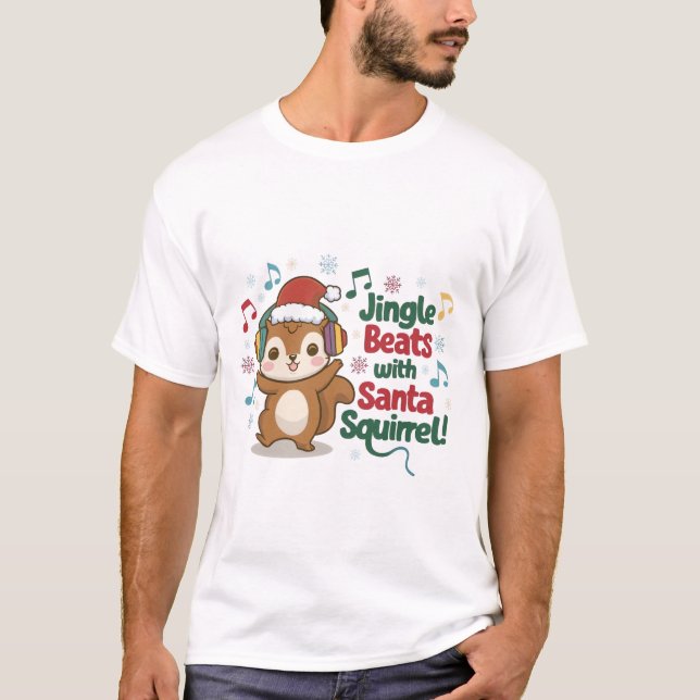 Cute Squirrel Wearing Santa Hat and Headphones - H T-Shirt (Front)