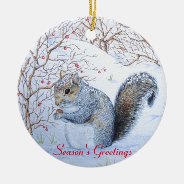 cute squirrel wildlife snow scene at christmas  ceramic ornament (Front)