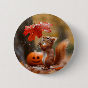 Cute Squirrel with a Leaf Umbrella - Autumn Rain 6 Cm Round Badge