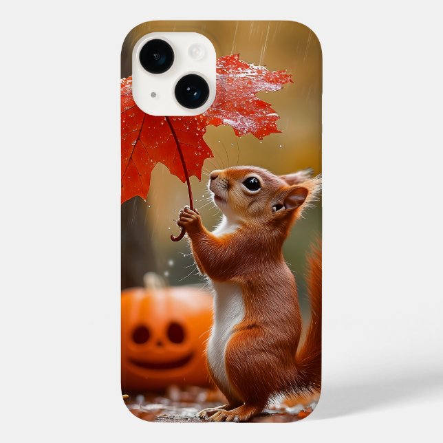 Cute Squirrel with a Leaf Umbrella - Autumn Rain Case-Mate iPhone Case (Back)
