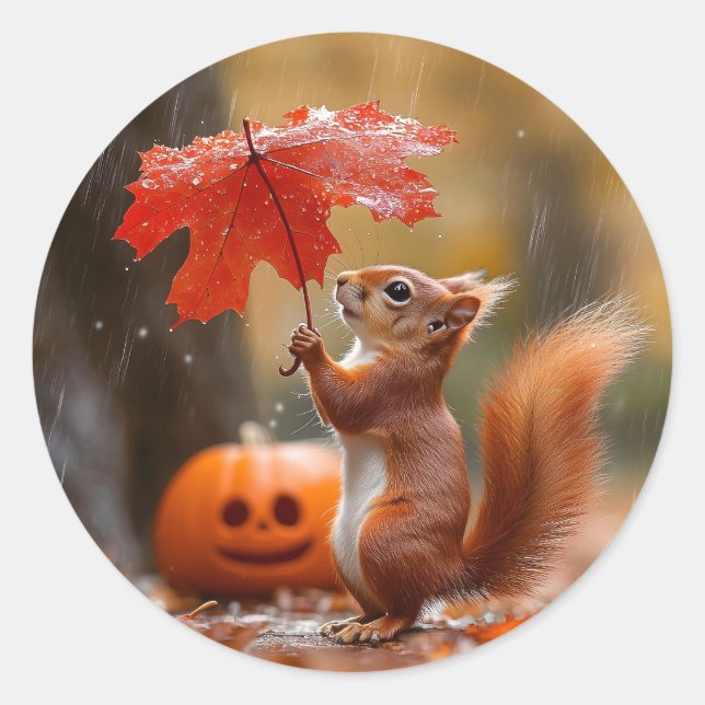 Cute Squirrel with a Leaf Umbrella - Autumn Rain Classic Round Sticker (Front)