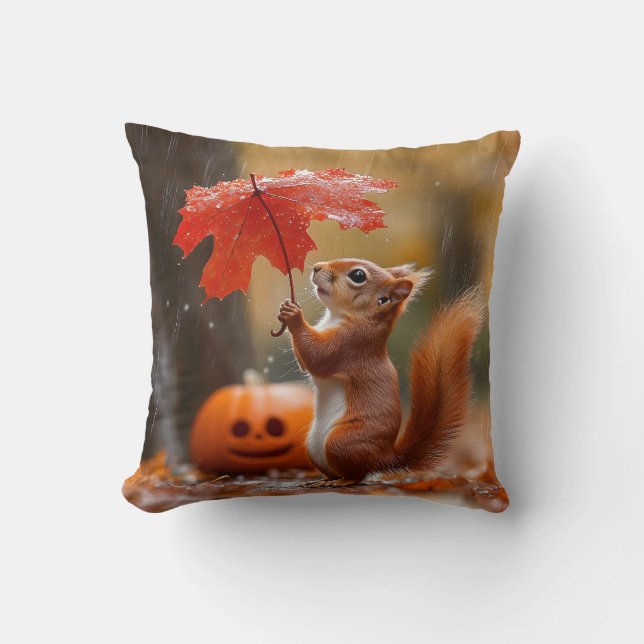 Cute Squirrel with a Leaf Umbrella - Autumn Rain Cushion (Front)