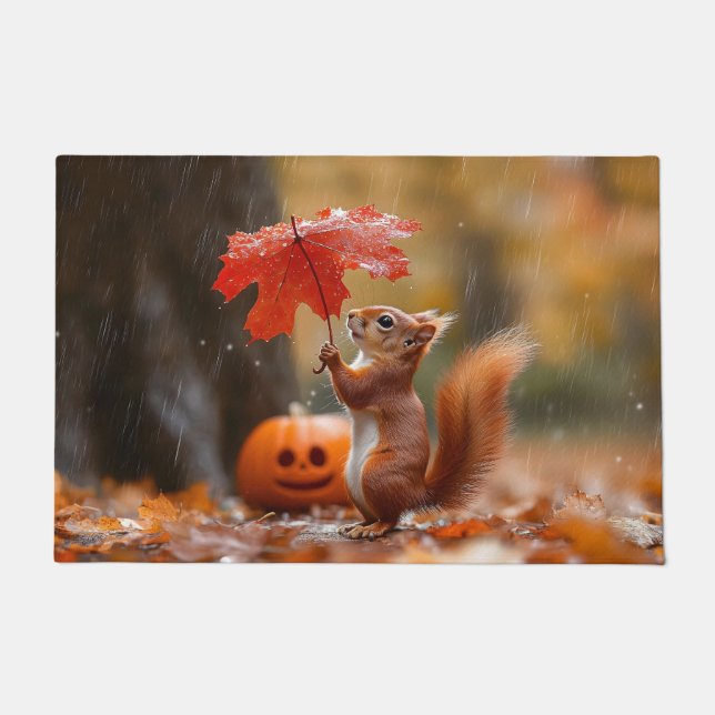 Cute Squirrel with a Leaf Umbrella - Autumn Rain Doormat (Front)