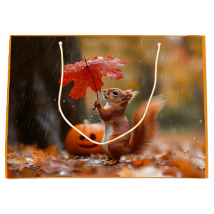 Cute Squirrel with a Leaf Umbrella - Autumn Rain Large Gift Bag