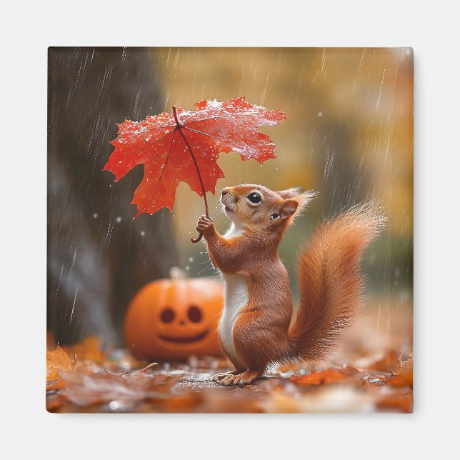 Cute Squirrel with a Leaf Umbrella - Autumn Rain Magnet (Front)