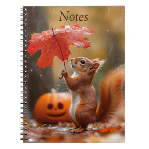 Cute Squirrel with a Leaf Umbrella - Autumn Rain Notebook
