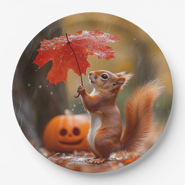 Cute Squirrel with a Leaf Umbrella - Autumn Rain Paper Plate (Front)