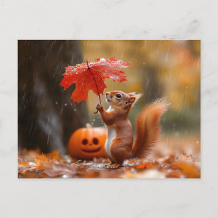 Cute Squirrel with a Leaf Umbrella - Autumn Rain Postcard