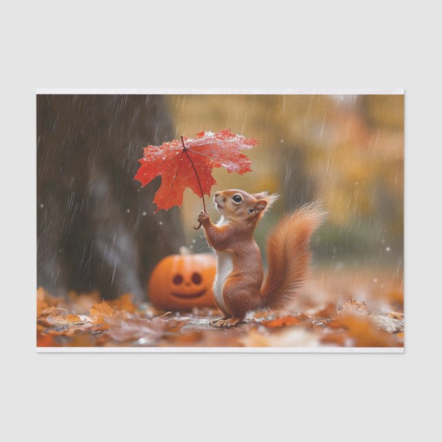 Cute Squirrel with a Leaf Umbrella - Autumn Rain Tissue Paper (Front)