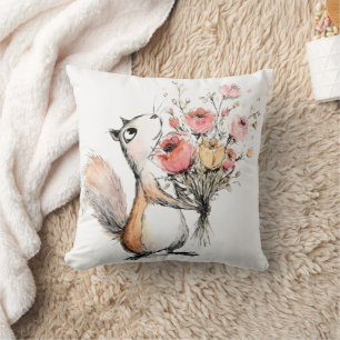 Cute Squirrel with Flower Bouquet Cushion