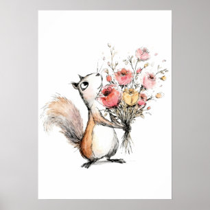 Cute Squirrel with Flower Bouquet Poster