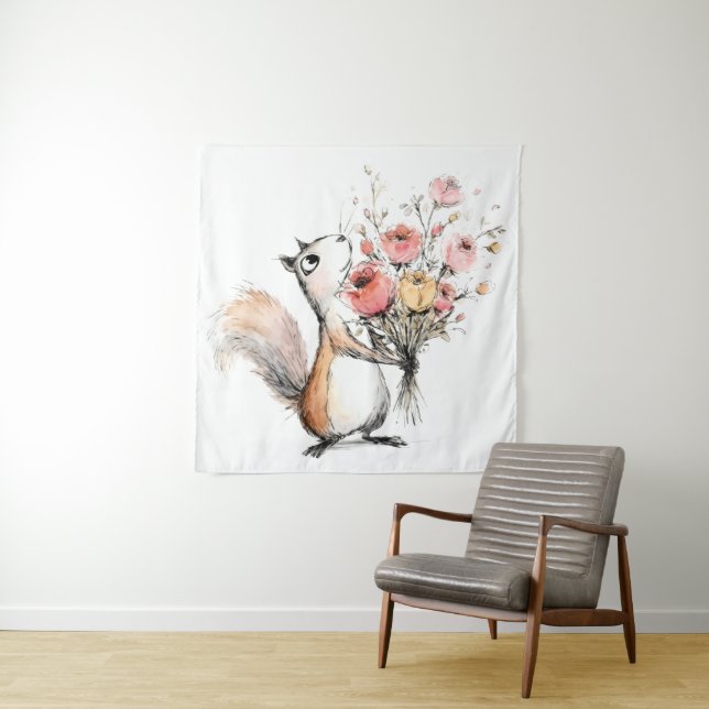Cute Squirrel with Flower Bouquet Tapestry (In Situ)