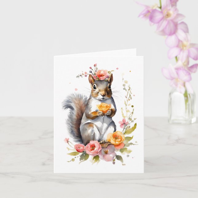 Cute Squirrel with Flowers Blank Greeting  Card (Orchid)