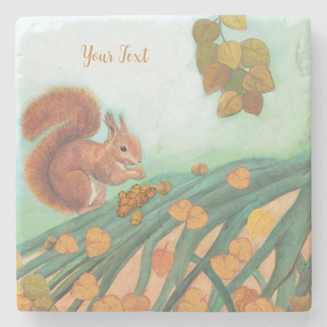 Cute Squirrel with hazelnuts illustration custom Stone Coaster (Front)