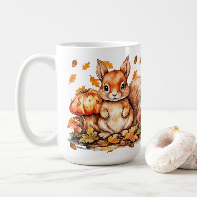 Cute Squirrel with Mushrooms - Autumn Wildlife Coffee Mug (With Donut)