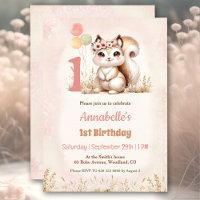 Cute Squirrel Woodland Boho Girl 1st Birthday 