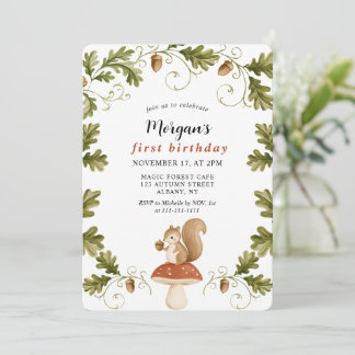 Cute Squirrel Woodland Forest Kids 1st Birthday Invitation