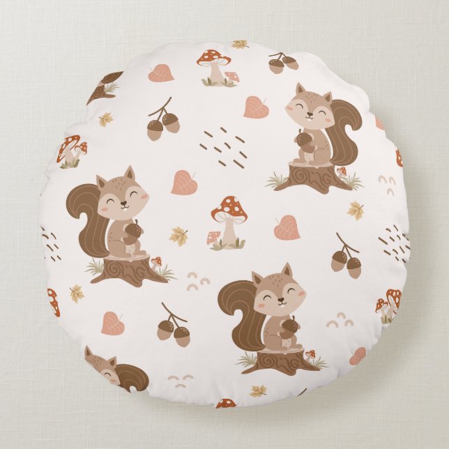 Cute Squirrel Woodland Forest Pattern Round Cushion (Front)