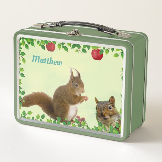 Cute Squirrels & Apple Fruits  on Light Green Metal Lunch Box (Front)