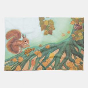Cute Squirrels Eating Hazelnuts Illustration   Tea Towel