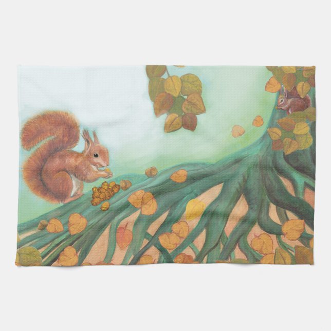 Cute Squirrels Eating Hazelnuts Illustration   Tea Towel (Horizontal)