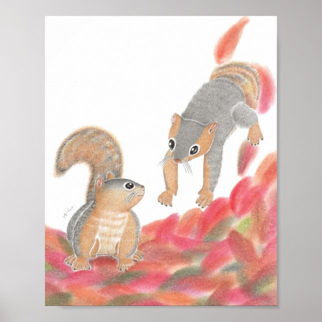 Cute Squirrels Fallen leaves Nursery Art Poster (Front)