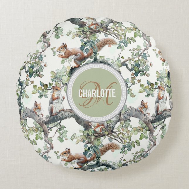 Cute squirrels pattern monogram name round cushion (Front)
