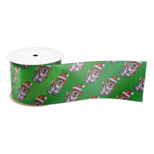 Cute St. Bernard in Hat Pattern on Green Satin Ribbon