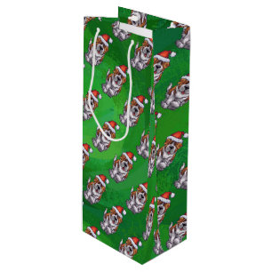 Cute St. Bernard in Hat Pattern on Green Wine Gift Bag
