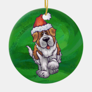 Cute St. Bernard in Santa Hat on Green Ceramic Tree Decoration