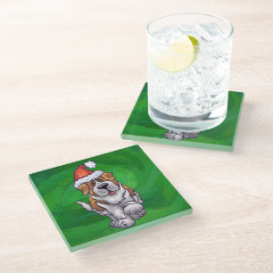 Cute St. Bernard in Santa Hat on Green Glass Coaster