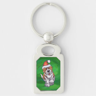Cute St. Bernard in Santa Hat on Green Key Ring