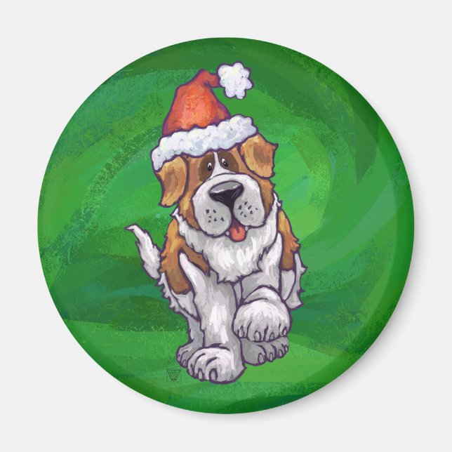 Cute St. Bernard in Santa Hat on Green Magnet (Front)