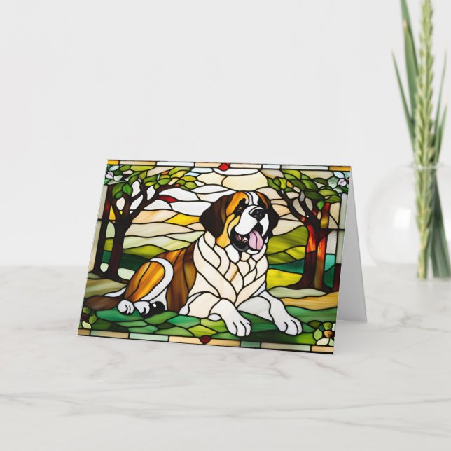 Cute St. Bernard Stained Glass Card (Front)