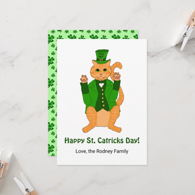 Cute St Catricks Day Funny Lucky Cat Shamrock Card (Front/Back In Situ)