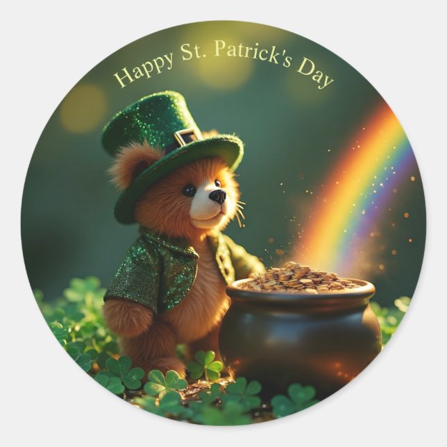 Cute St. Patrick’s Day Teddy Bear Classic Round Sticker (Front)
