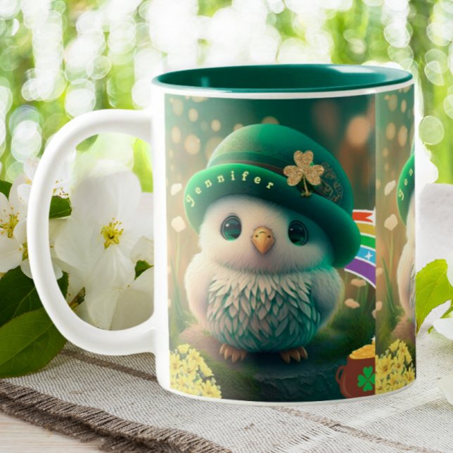 Cute St Patricks Day Baby Owl Personalised  Two-Tone Coffee Mug (Creator Uploaded)