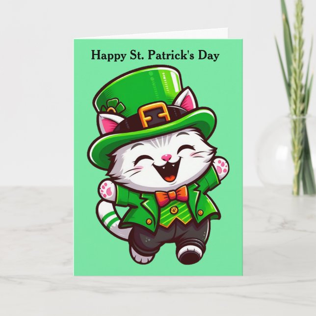 Cute St. Patrick's Day Cat Folded Holiday Card (Front)