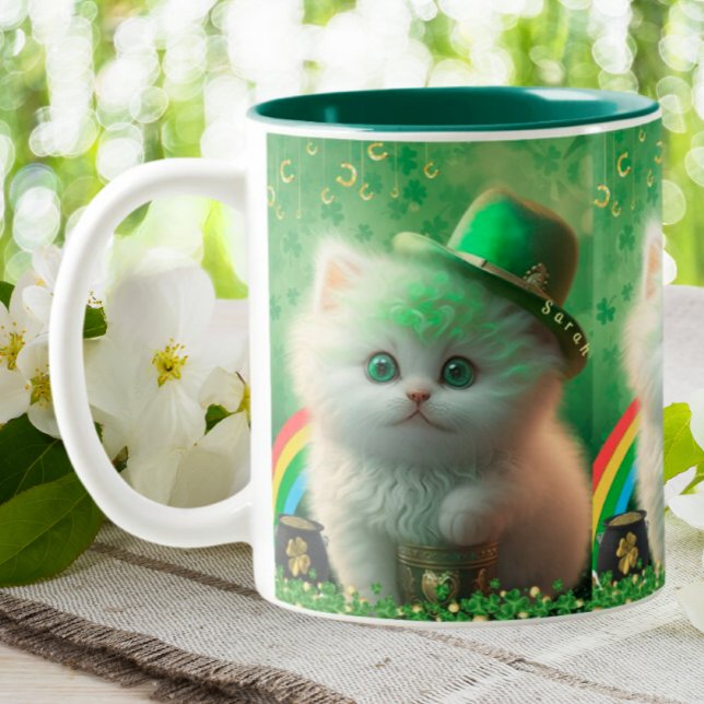Cute St Patricks Day Cat Rainbow Gold Personalised Two-Tone Coffee Mug (Creator Uploaded)