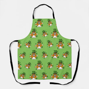 Cute St Patrick's Day Cat with Shamrocks Cartoon Apron